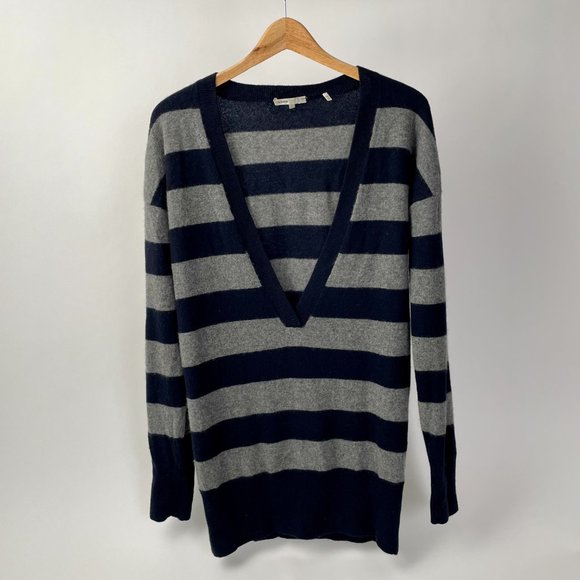 Vince 100% Cashmere Long Line V Neck Sweater, Navy/Grey Stripes, Size L - Picture 2 of 8
